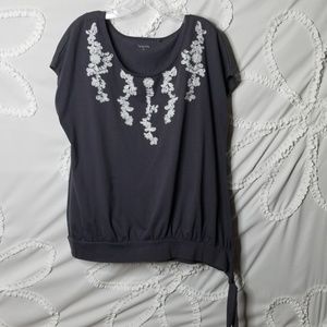 Gray Short Sleeve Embroidered Blouse